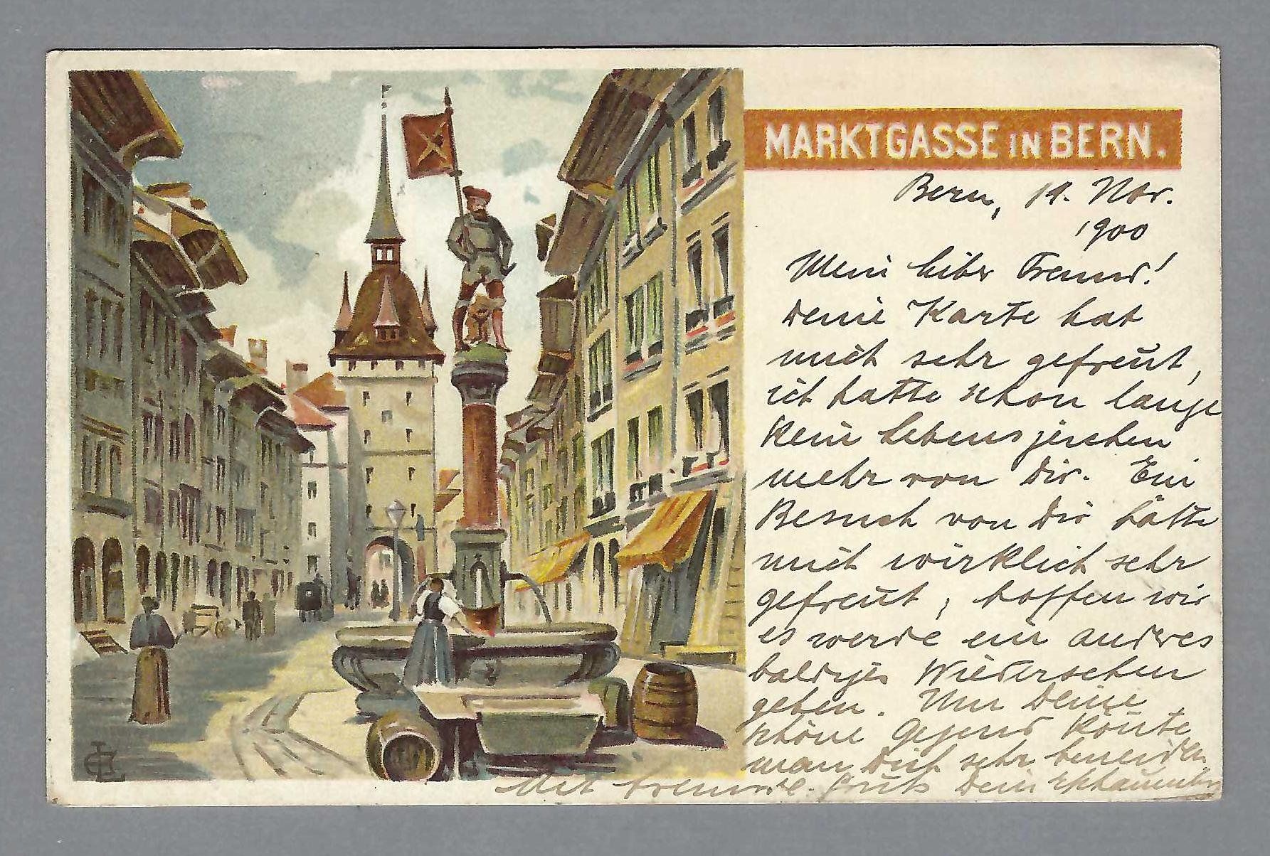 Cartoline postali: 1900, MARKTGASSE IN BERN, SCHÖNE LITO – Usato da Pura venduto da ulisse1957
