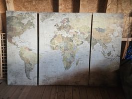 Weltkarte Triptychon Wandbild, Vintage Look, Top Zustand!