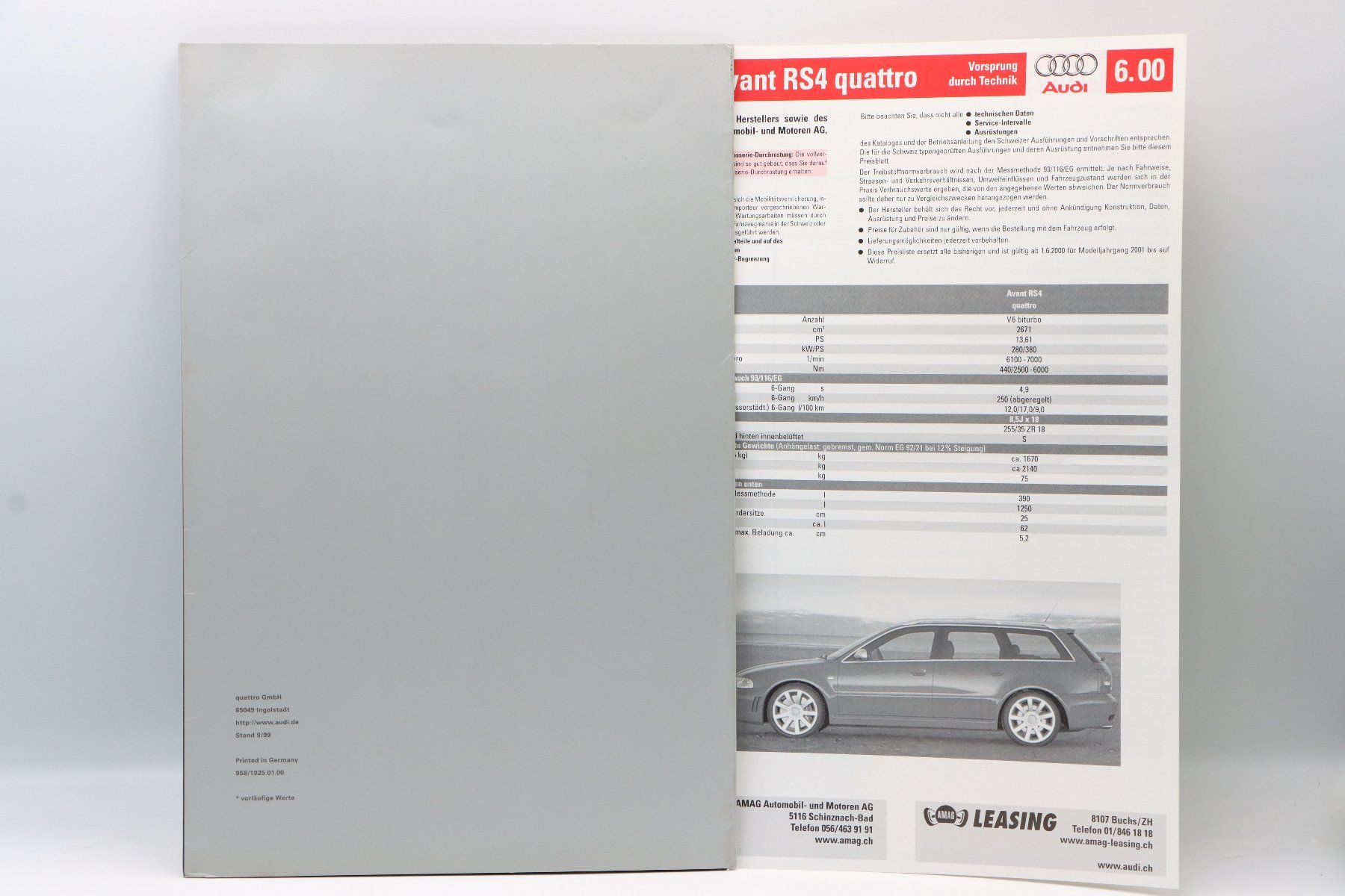Audi Documenti: Audi RS4 Avant B5 1999 Prospekt + Datenblatt – Usato da Bühl b.Aarberg venduto da Collectorpassions 1