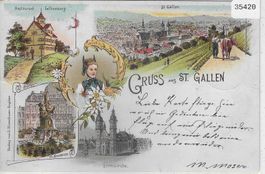 Gruss aus St. Gallen - Rest. Falkenburg, Börse - Litho