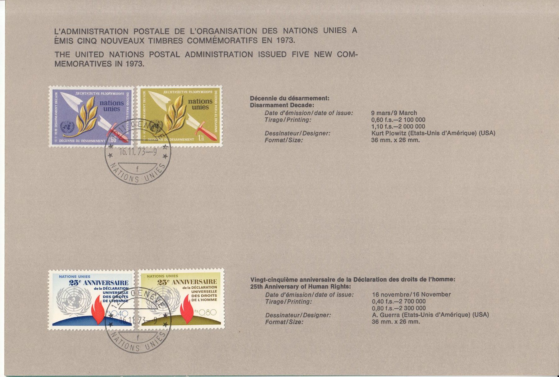 Tutti i francobolli: Uno Genf Souvenir-Folder 1973 mit ET – Usato da Bürglen TG venduto da StampGraf 1