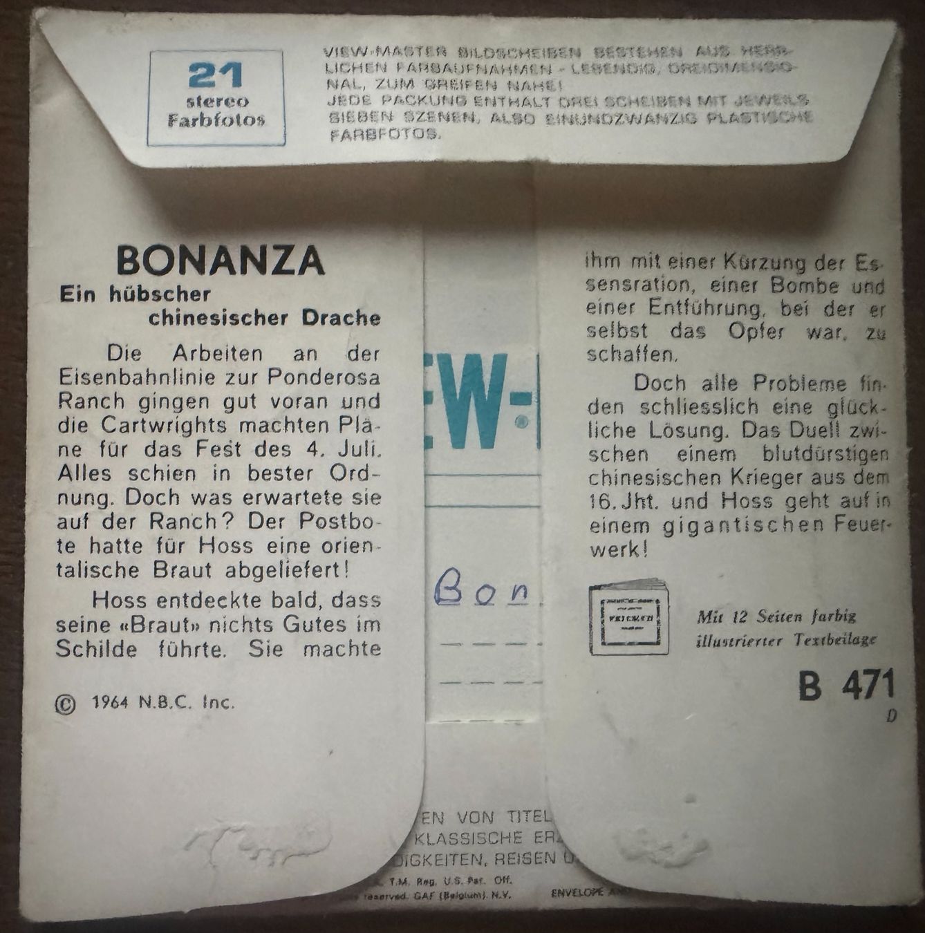 View-master Giocattoli: View-Master 3D: Nr. B 471 BONANZA (3 Scheiben) – Usato da Tegerfelden venduto da siebenmacky 1