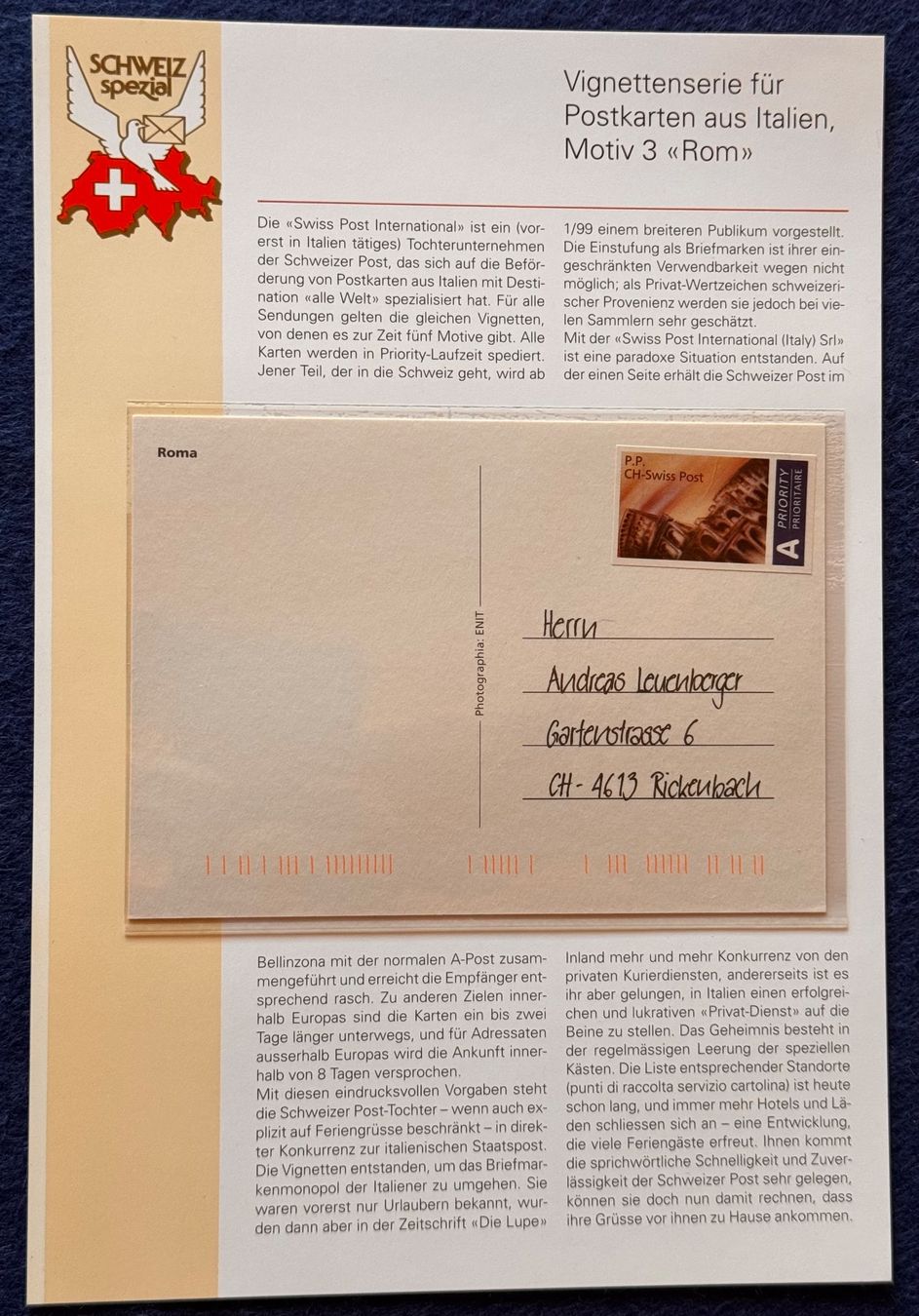Dokumente: Postkarte Rom mit CH-Swiss Post Vignette – Gebraucht aus Andwil SG von Ariisa1234