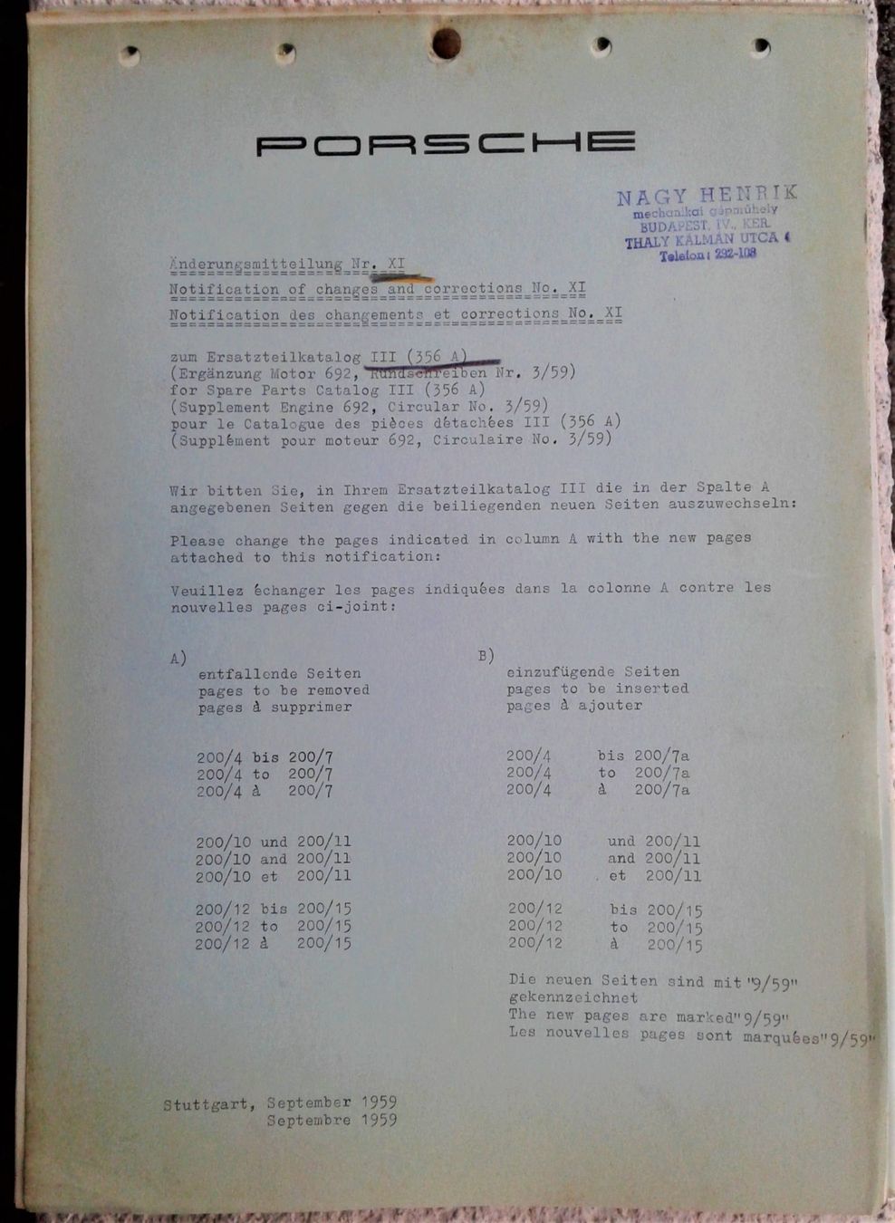 Porsche Documenti: Porsche 356 A - Änderungsmitteilungen / Notifications cat. – Usato da Lausanne venduto da LasloH 5