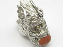 Vintage (60er) Ring Silber 925 Drachenkopf Koralle Gr. 58