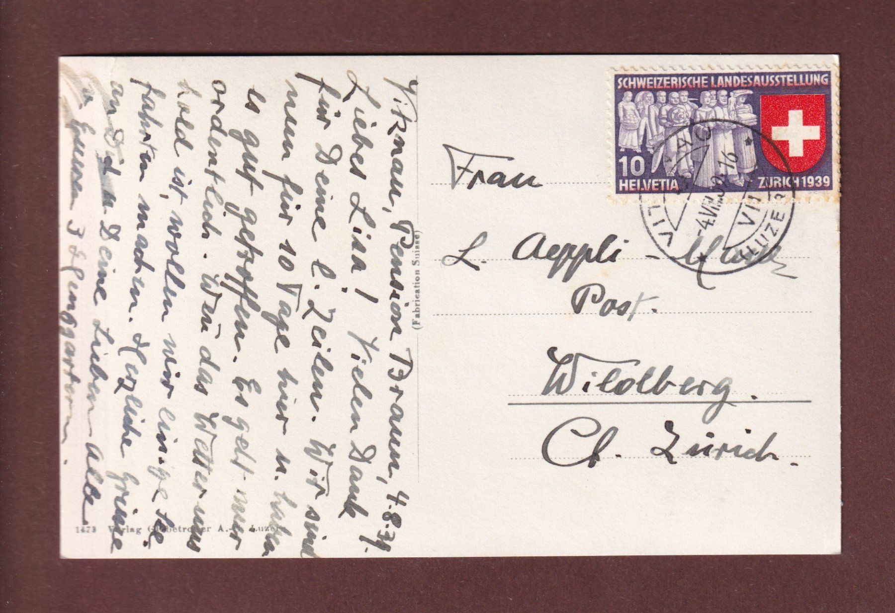 Cartoline postali: VITZNAU - Bürgenstock - 1939 – Usato da Pully venduto da nicecards-shop 1
