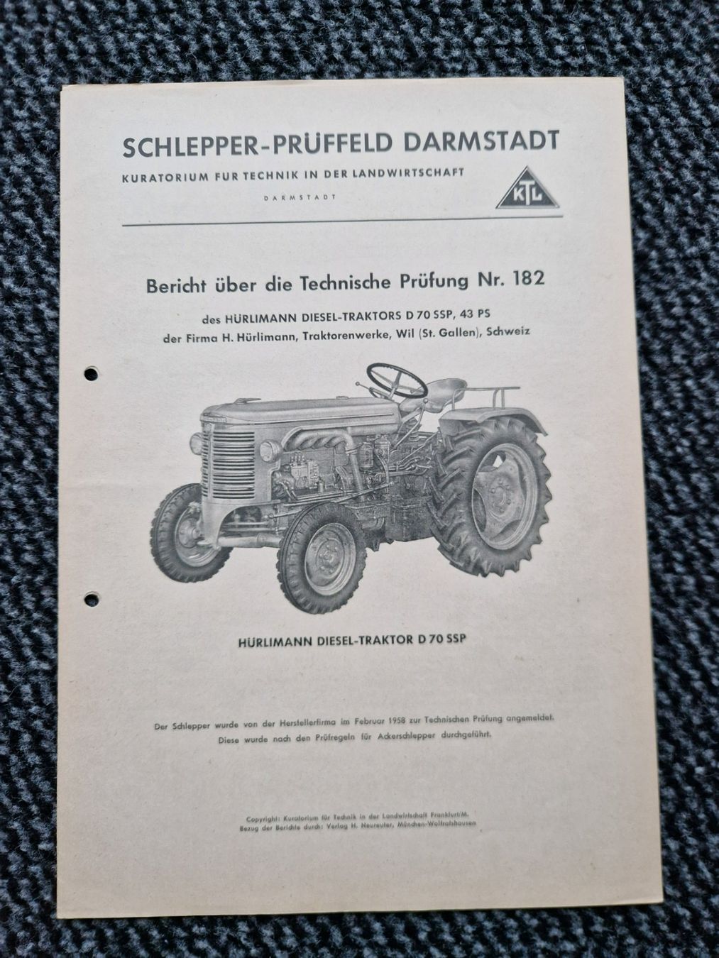 Hürlimann Tracteurs: Original Prüfbericht Traktor Hürlimann D70SSP – D'occasion à Dürnten par Bachtel84