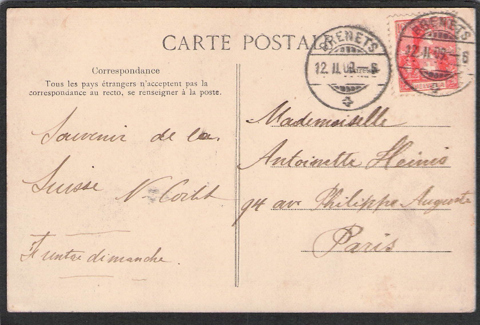 Cartoline postali: CP, Les Brenets , 1909 – Usato da Reichenburg venduto da Pipo-67 1
