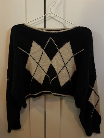 Damen Crop Pullover schwarz beige Rautenmuster Grösse S