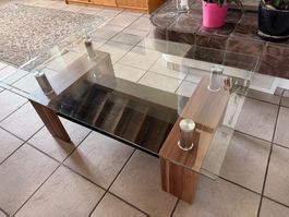 Salontisch aus Glas, Chromstahl und Holz