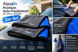 2er-Set Aquain Premium Auto-Trockentücher 60 × 90 cm – 800 G