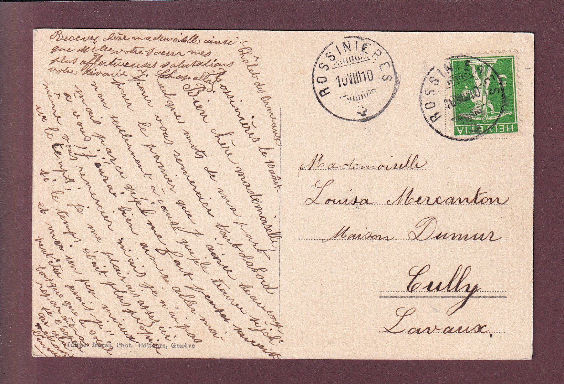 Cartoline postali: ROSSINIERE - Eglise - 1910 – Usato da Pully venduto da nicecards 1