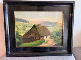 Vintage Ölgemälde des Schweizer Alpenbauernhauses - Sommer S