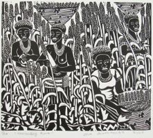 Elia Shiwoohamba ( Namibia, 1981 ) Harvesting Time Lino Cut