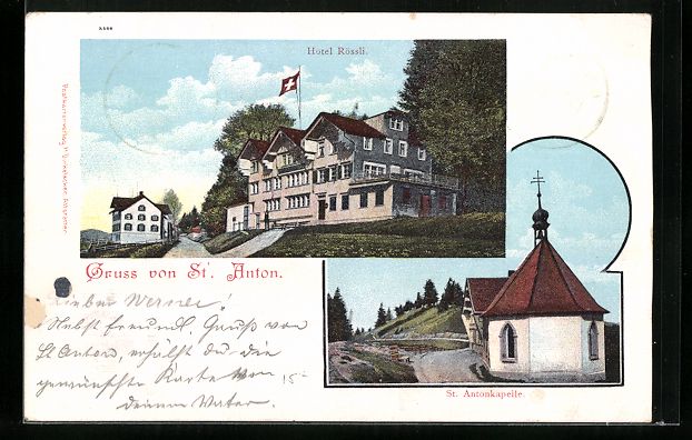 Cartoline postali: St. Anton, Hotel Rössli, St. Antonkapel – Usato da Berlin venduto da bartko-reher