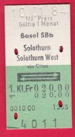 KARTON BILLETT, BASEL SBB - SOLOTHURN WEST, 1.KLASSE, RETOUR