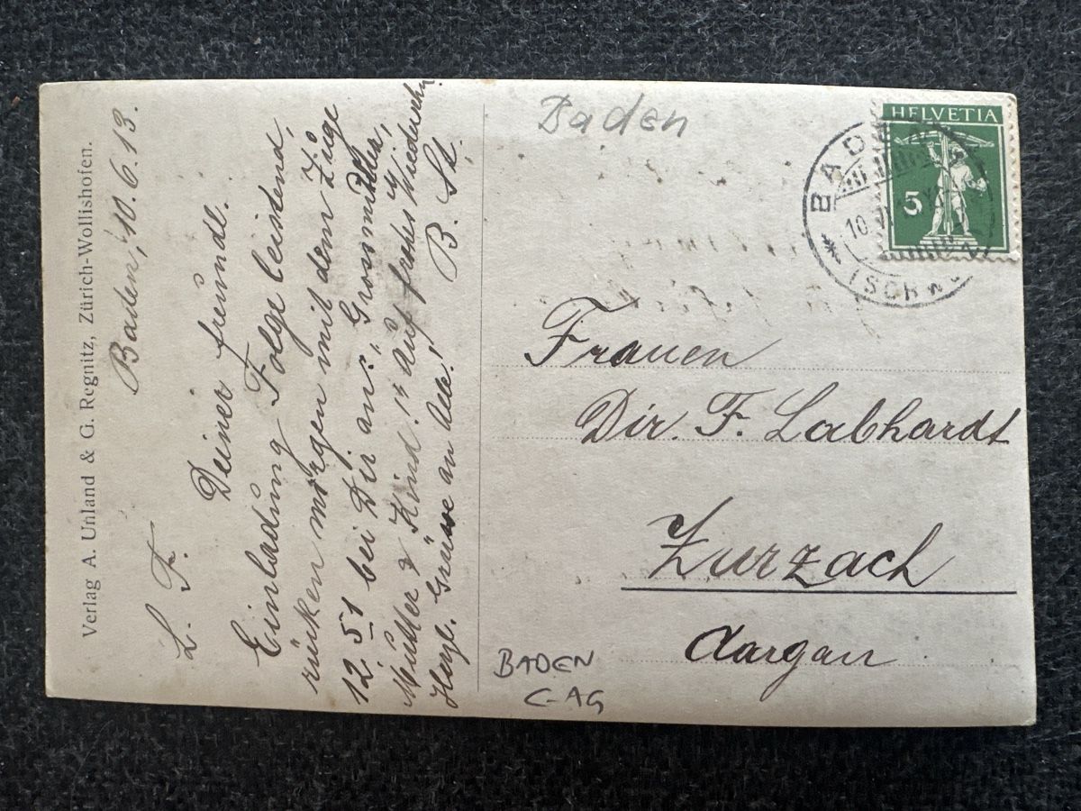 Ansichtskarten: Baden 1913  Oberstadtstrasse??? – Gebraucht aus Wettingen von Phibras 1
