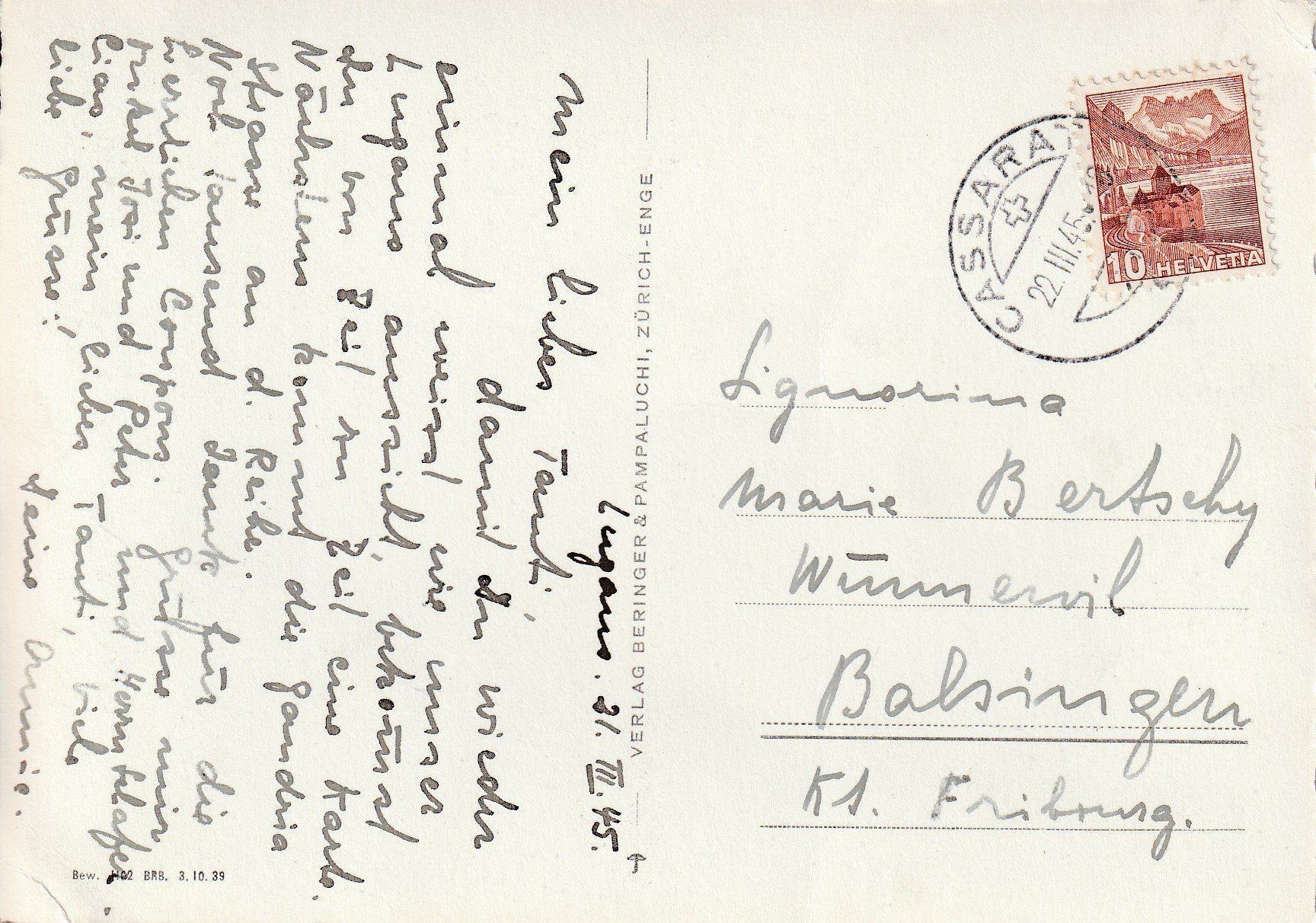 Cartoline postali: AK Lugano gel. 22.3.1945 – Usato da Fribourg venduto da schnalla92 1