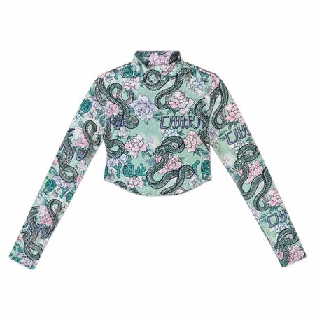 Y2K Crop Top mit Schlangen- & Blumenprint • teils Rückenfrei