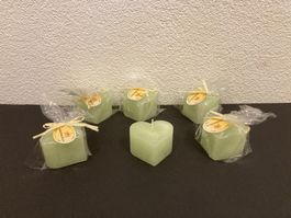Herz-Kerzen verpackt, 6 Stück,hellgrün Raureif, ca. 7x8x5 cm