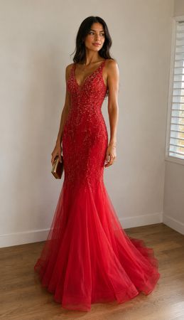 Abendkleid rot Grösse 36 Perlen Stickerei Meerjungfrau