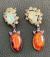 Red Amber & Ethiopian Opal SS925 & 14k Gold Vermeil Earrings