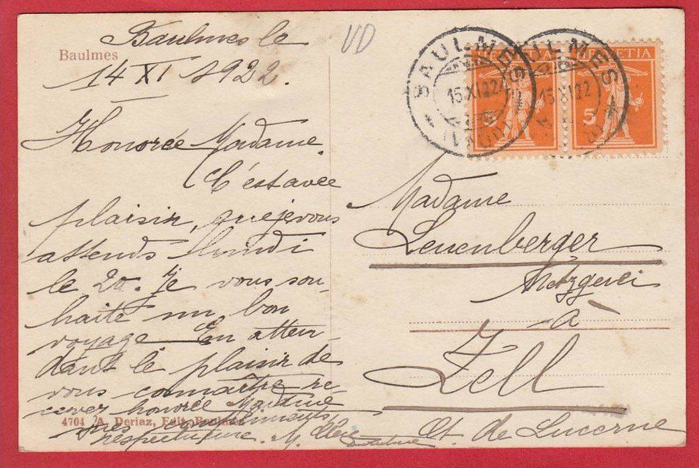 Ansichtskarten: BAULMES 1922 – Gebraucht aus Grüningen von Kartenlaube 1
