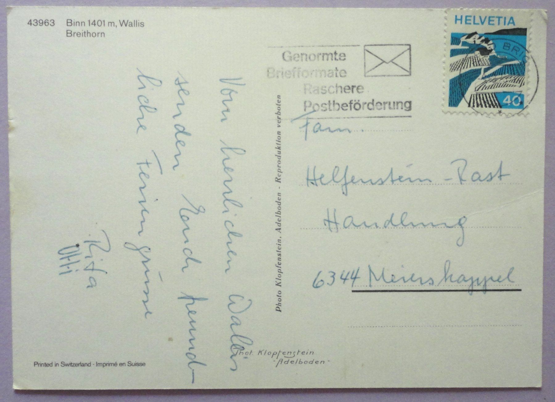 Cartoline postali: Binn 1401 m. Breithorn – Usato da Fétigny venduto da Billy2miny 1