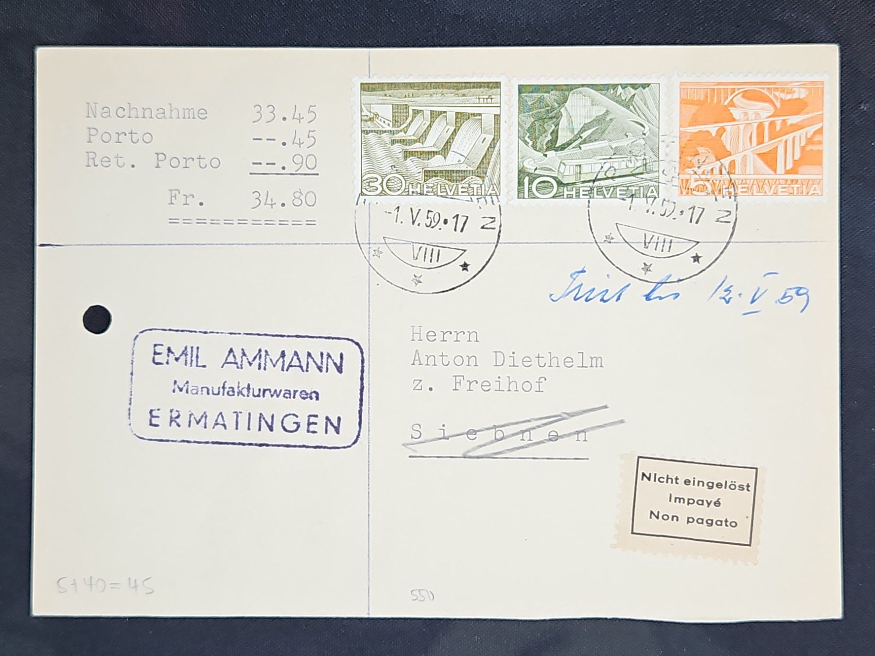 Tutti i francobolli: CL23 Carte Postale + Timbre Suisse 1959 – Usato da Cousset venduto da Patrick_Collections