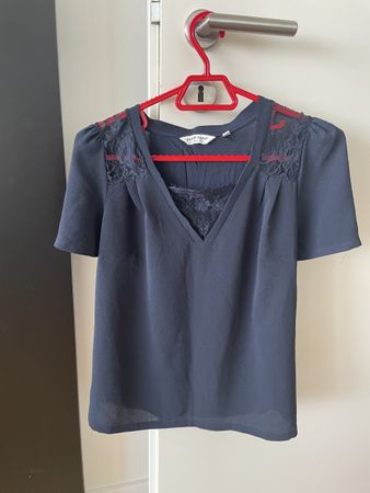 Navy Blue NAF NAF Top Lace Trim Short Sleeve Size S