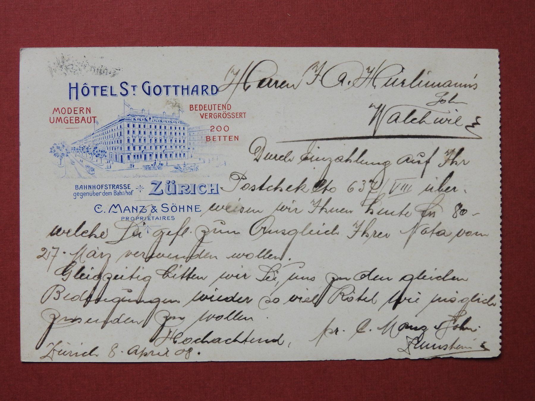 Cartoline postali: Hotel St. Gotthard  Zürich alte AK 1908 – Usato da Rain venduto da 999-800-K
