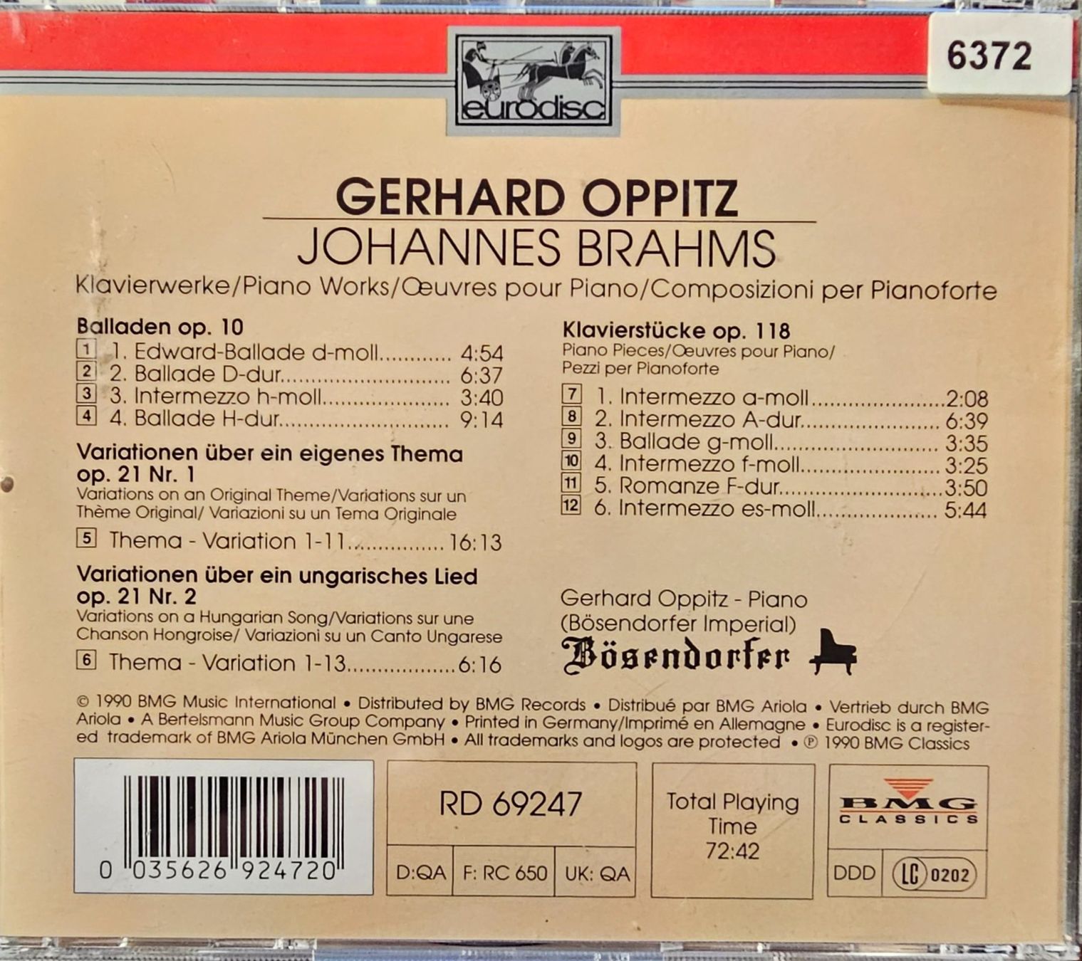 CD: Brahms, Gerhard Oppitz - Ballads Op. 10, Variations On An... – Usato da Wahlen b. Laufen venduto da Cg10 1