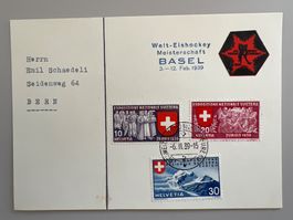 1939 Eishockey WM Basel 225/226a/227 auf Karte +Kl. Vignette