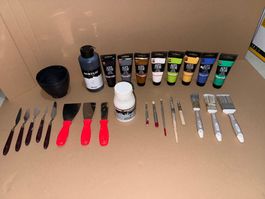 Acrylfarben Konvolut – Pinsel, Spachtel