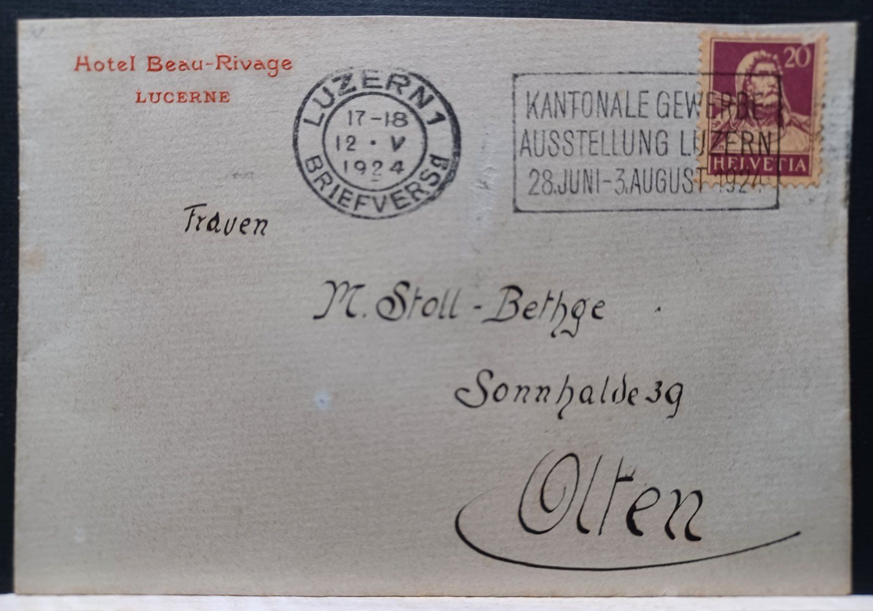 Tutti i francobolli: LU, Brief Luzern 1924, Hotel Beau-Rivage, – Usato da Aarau Rohr venduto da mgvw