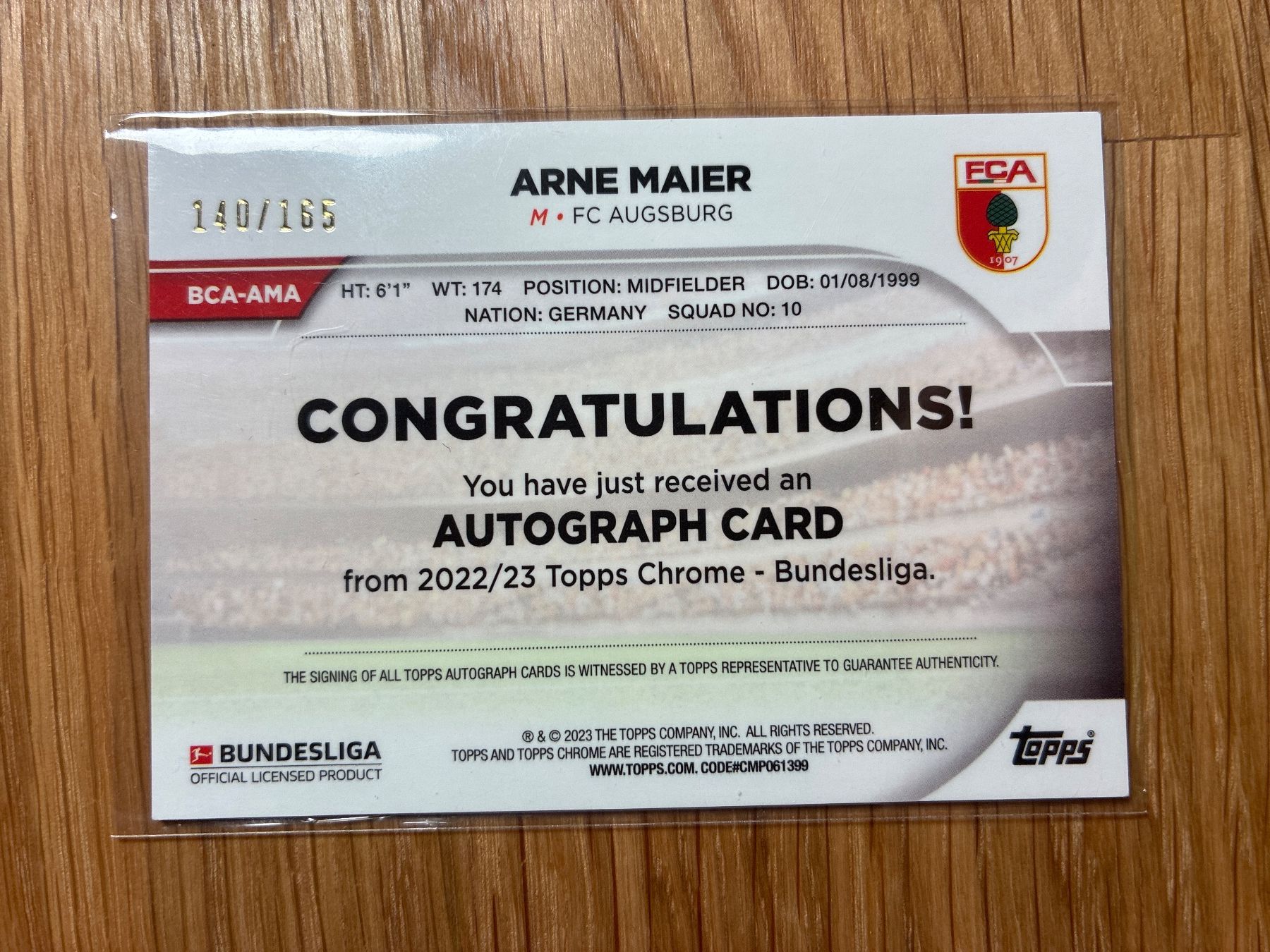 Topps Carte collezionabili: Topps Chrome Arne Maier Augsburg Auto /165 – Usato da Wangenried venduto da Garagara 1