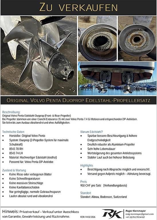 Barche: ORIGINAL Volvo Penta C6 Duoprop-Propellersatz – Usato da Russikon venduto da swissmade-12 2