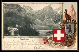 Lithographie Seealpsee, Bergsee mit Gasthaus am Ufer und Ber