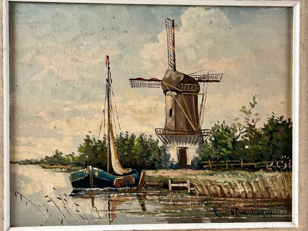 Rustikales Wandbild: Bauernhof-Landschaft Mit Windmühle Auf Holz – Gerahmte Druck-Dekoration Für Wohnzimmer & Bauernhaus-Stil