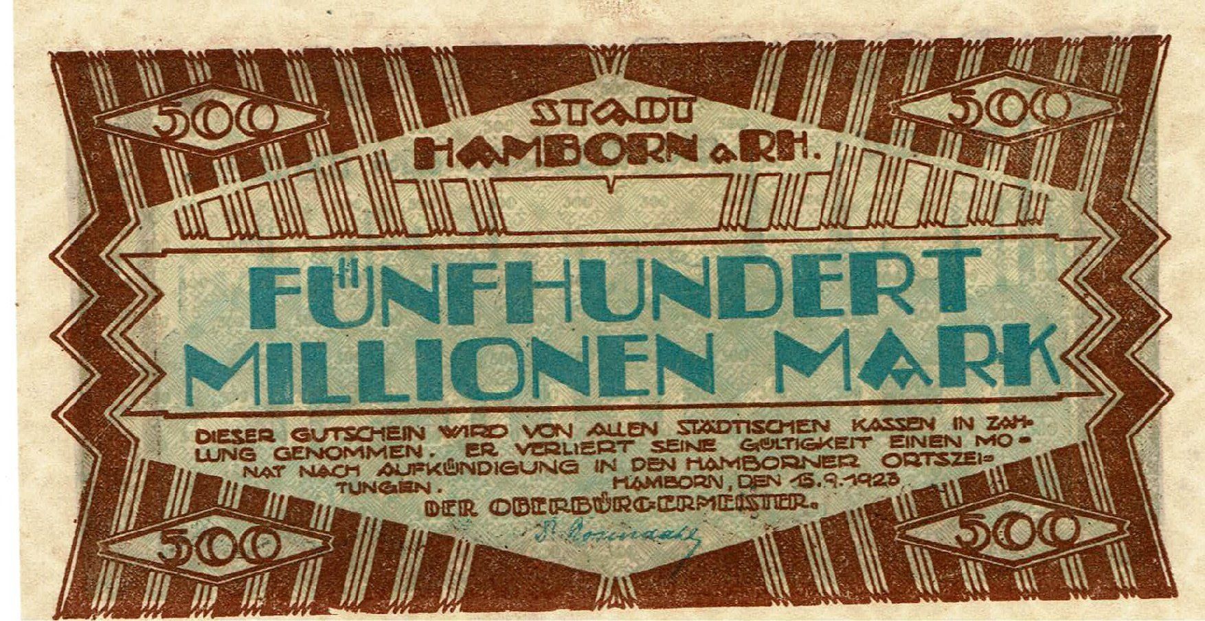 Banconote: Hamborn 500 Mil.Mark1923 VZ-VZ+ – Usato da Steffisburg venduto da ber_8htf