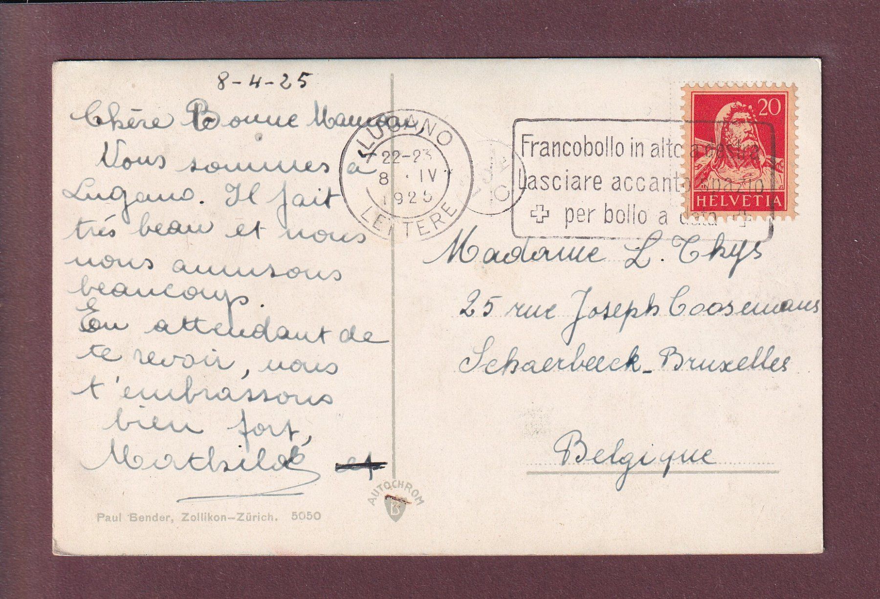 Cartoline postali: LUGANO verso il Monte Brè - 1925 – Usato da Pully venduto da nicecards 1