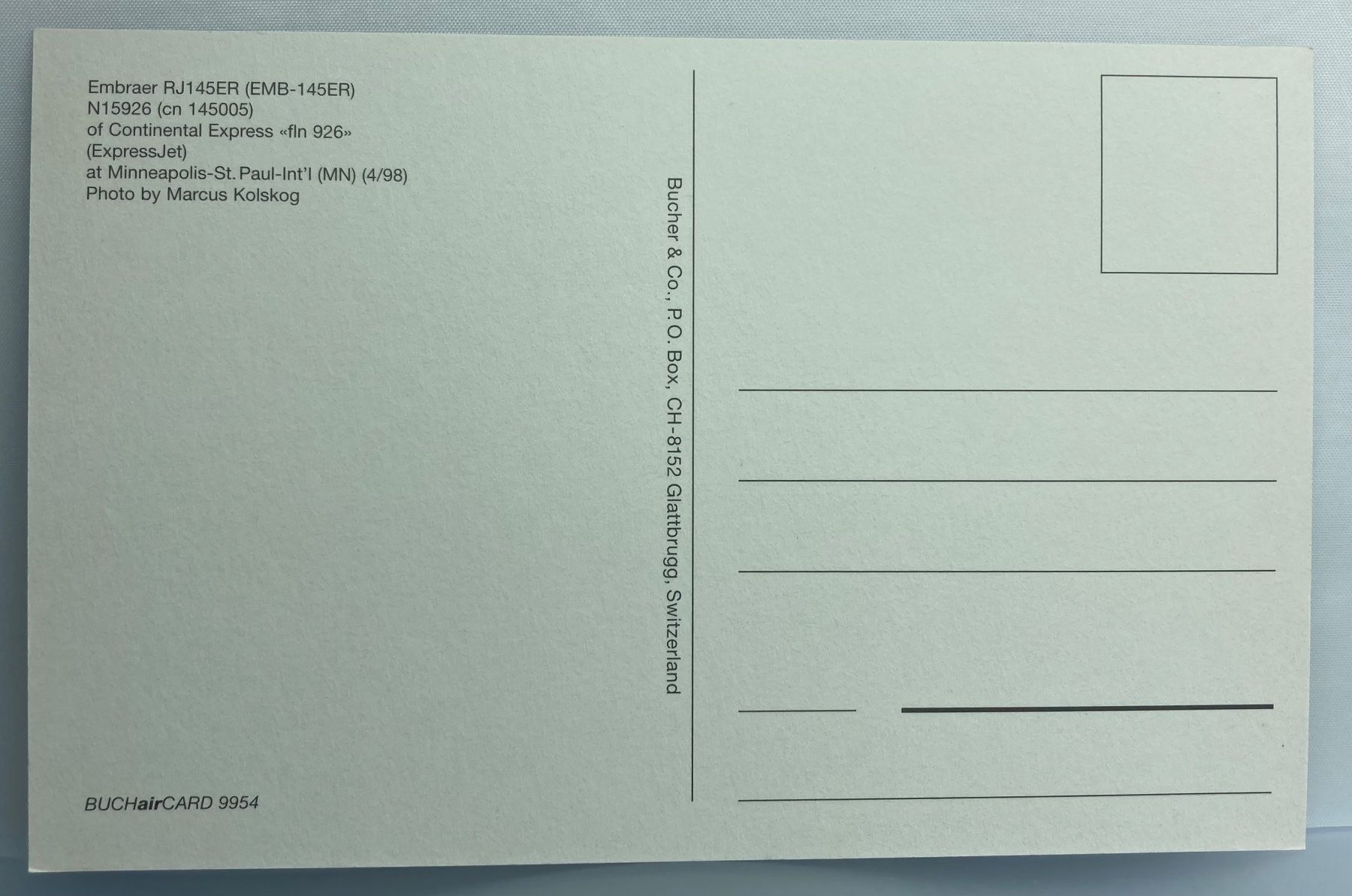 Cartoline postali: Postcard Embraer RJ145ER Continental Express – Usato da Lugano venduto da sel_x7bg 1