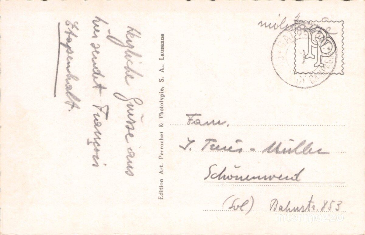 Cartoline postali: Payerne VD // ca. 1940 Café du Pont Oldtimer Velofahrer – Usato da Basel venduto da intermezzo12 1