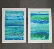 2 x Aquarell Original Abstrakt Meer - 14.5 x 20.5cm