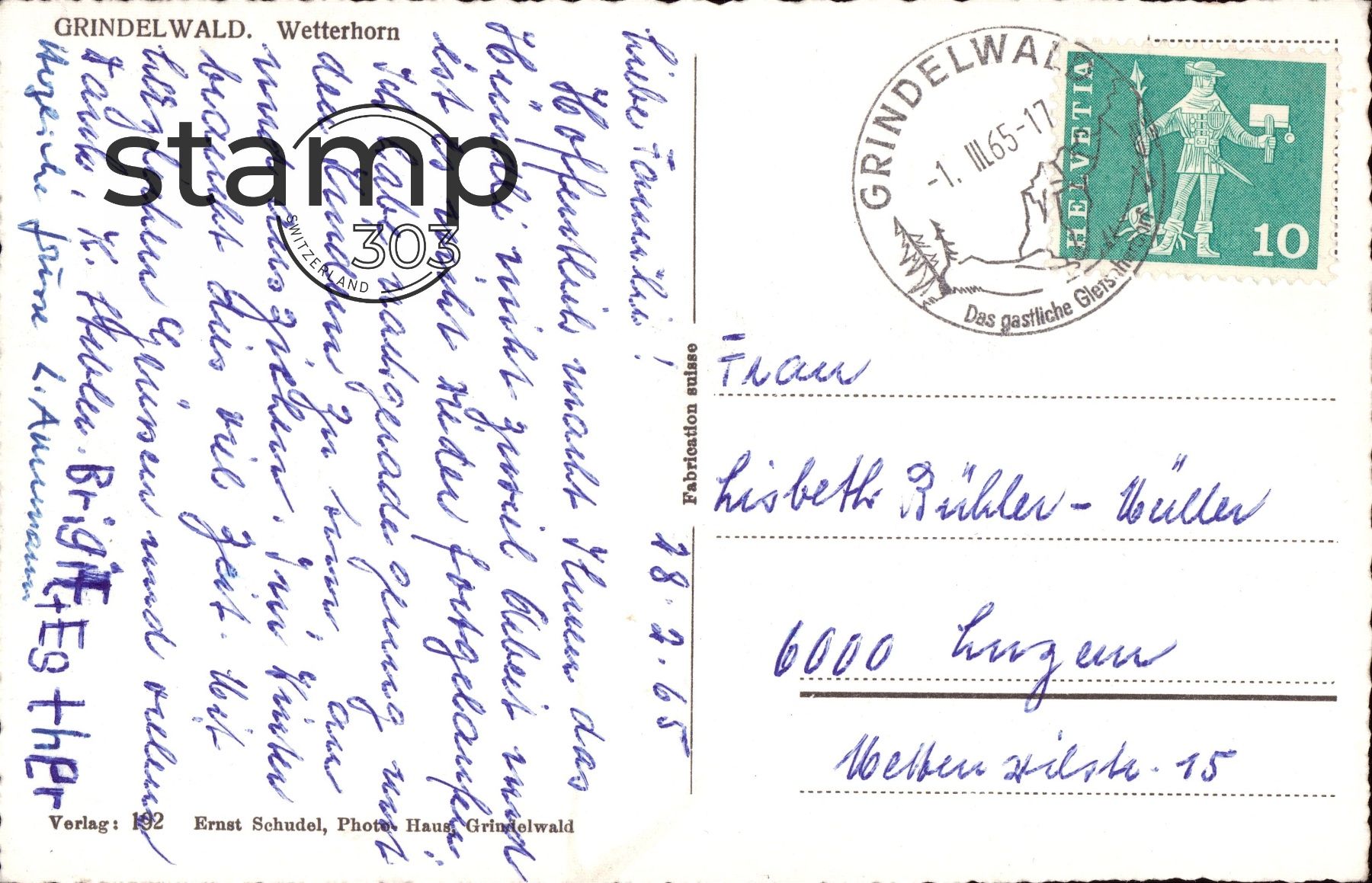 Cartoline postali: 1965 AK Grindelwald_Wetterhorn – Usato da Eggersriet venduto da stamp303 1