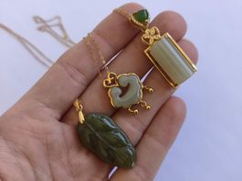 Natur Jade Anhänger Set geschnitzt 925 Silber NEU
