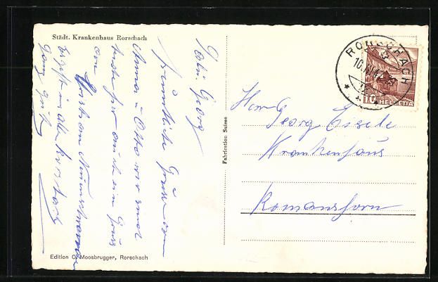 Ansichtskarten: AK Rorschach, Städt. Krankenhaus, 1947 – Gebraucht aus Berlin von bartko-reher 1