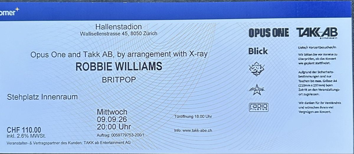 Billets: Robbie Williams Tickets Stehplatz  09.09.2026 – Neuf (Voir description) à Weinfelden par Fcaesar