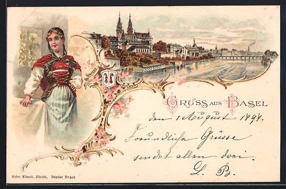 Ansichtskarten: Litho Basel, Panorama mit Rheinbrücke,  – Gebraucht aus Berlin von bartko-reher