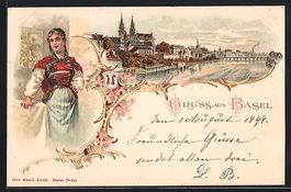 Litho Basel, Panorama mit Rheinbrücke, 